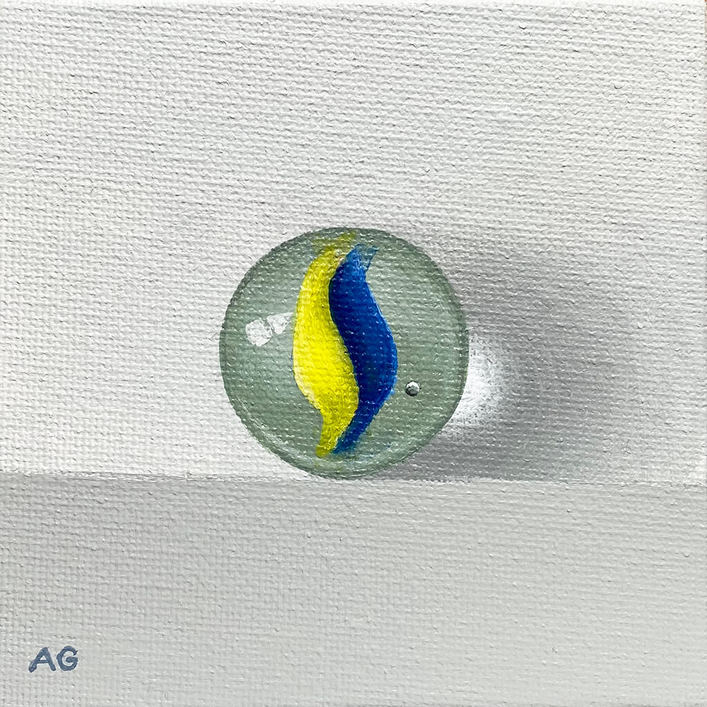Miniature acrylic on canvas painting of a glass blown marble in blue and yellow by Amanda Gosse
