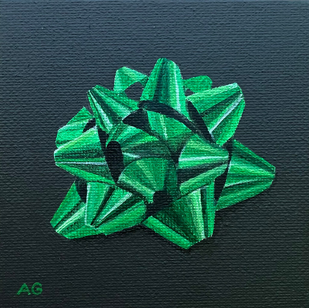 Green foil gift wrap bow by Amanda Gosse original acrylic on canvas miniature painting