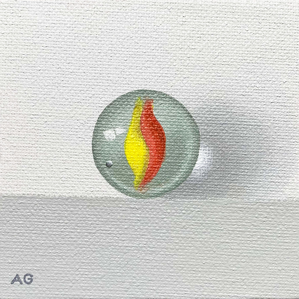 Miniature painting of an orange and yellow glass toy marble by Amanda Gosse