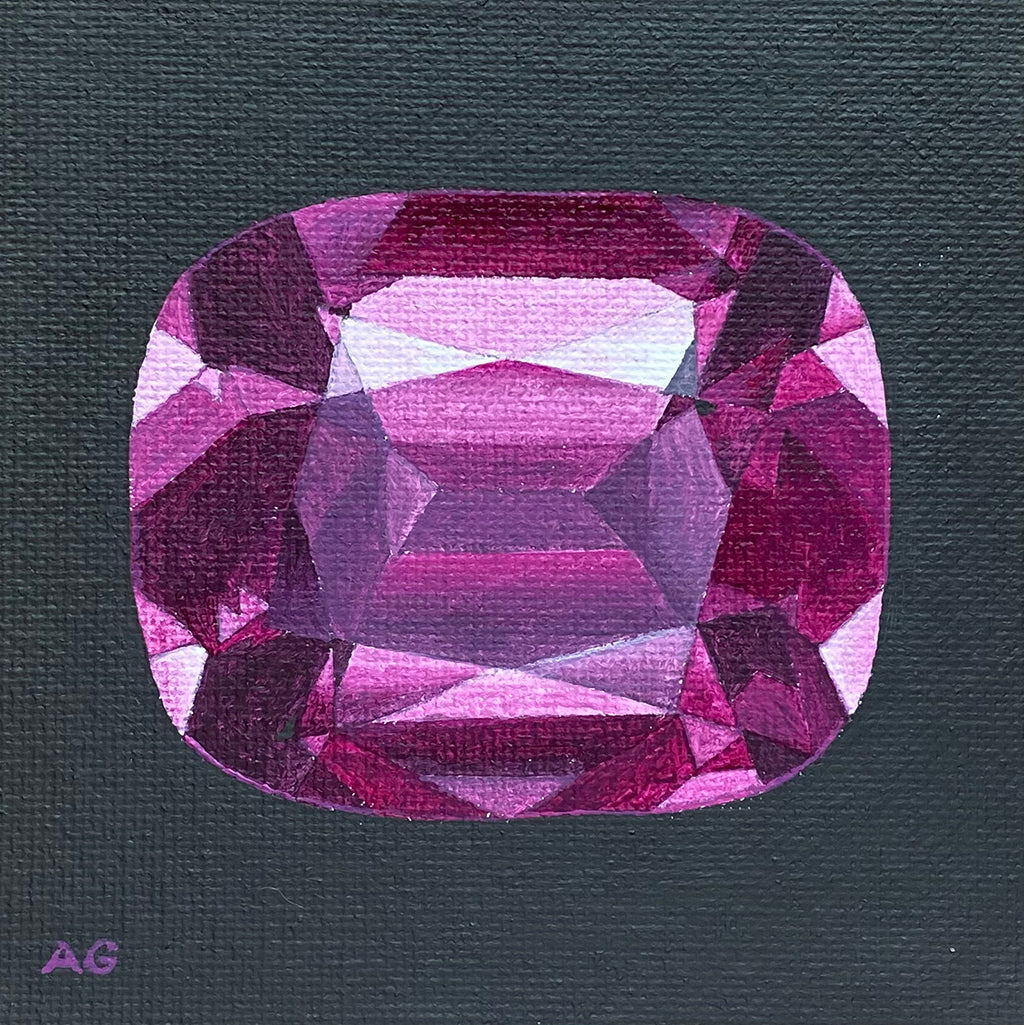 An original miniature painting of a pink tourmaline gemstone by Amanda Gosse