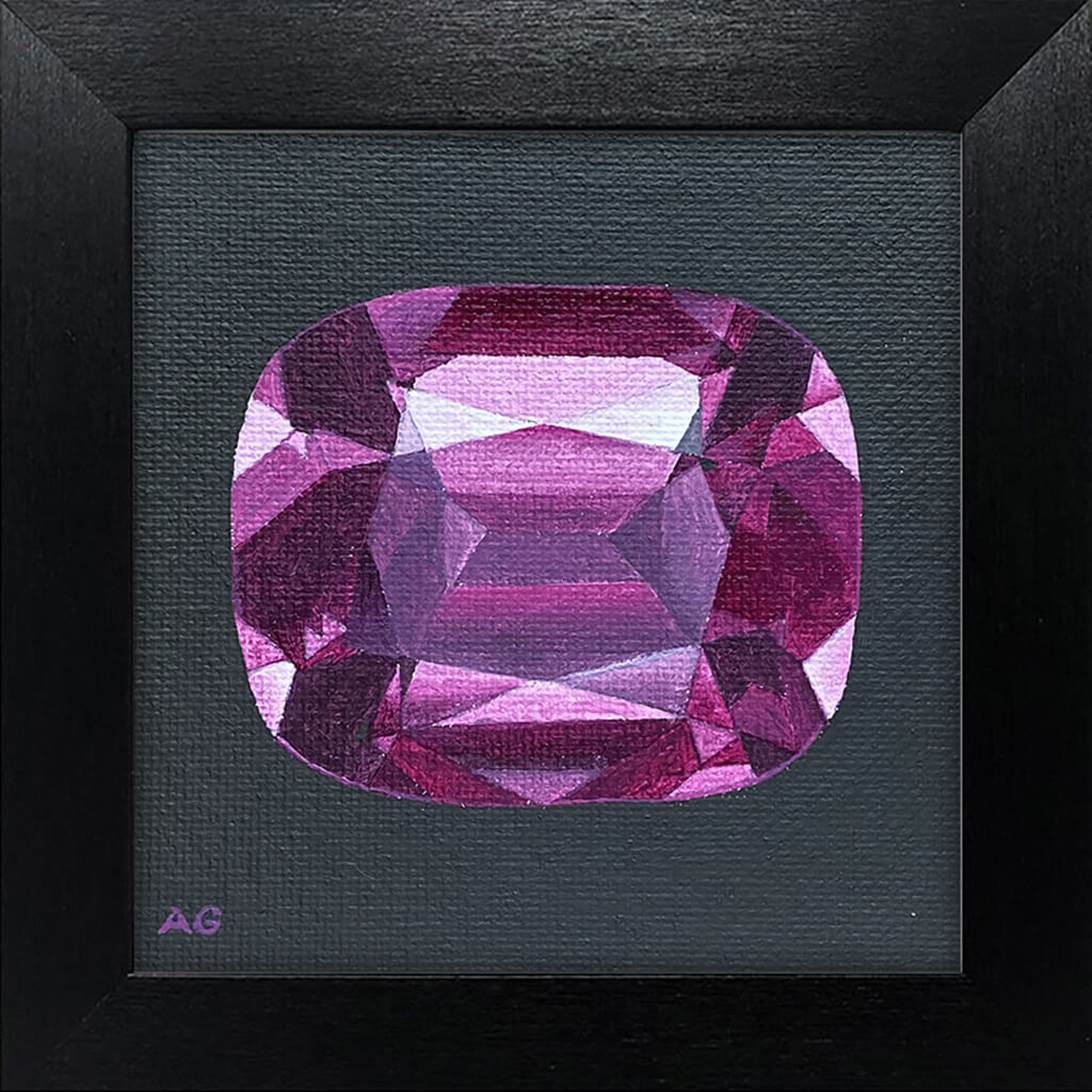 A framed original miniature painting of a pink tourmaline gemstone by Amanda Gosse