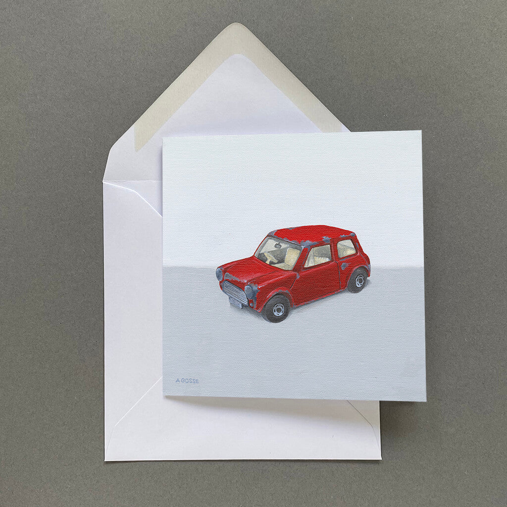 Red Mini Minor die cast toy car  fine art greetings card by Amanda Gosse