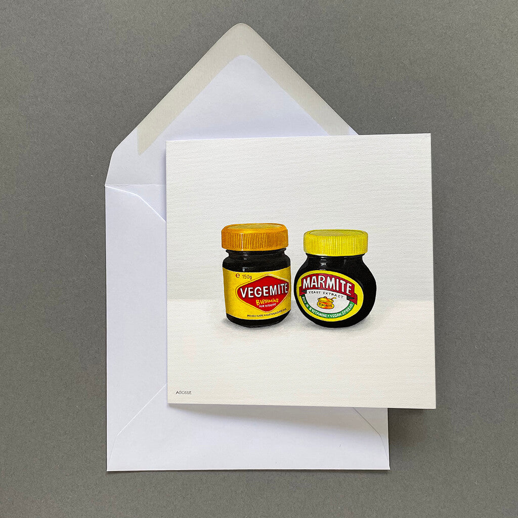 The Great Debate Greetings Card Marmite and Vegemite artwork by Amanda Gosse
