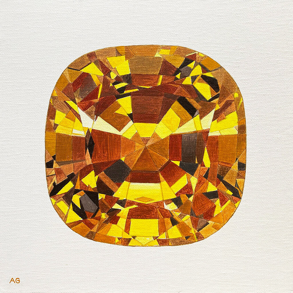 Original painting of a yellow topaz gemstone by Amanda Gosse acrylic on canvas panel