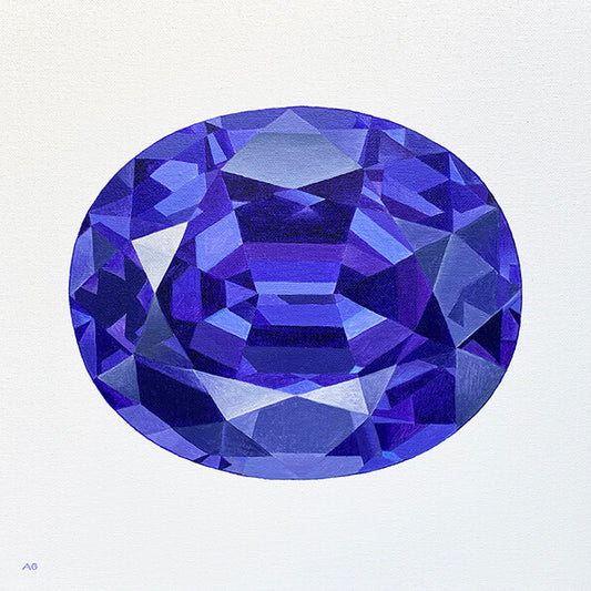 An original acrylic painting of a tanzanite gemstone by Amanda Gosse