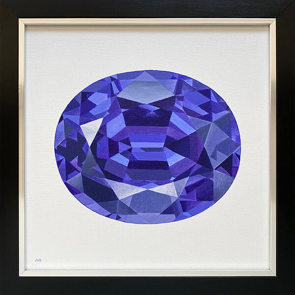 A framed ready to hang original acrylic painting of a tanzanite gemstone by Amanda Gosse