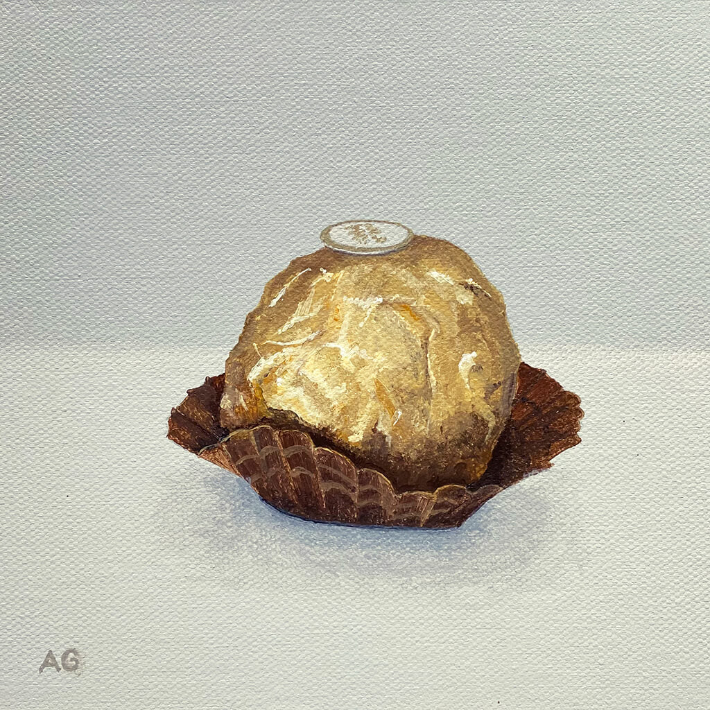 Miniature painting of a chocolate Ferrero Rocher acrylic on canvas board