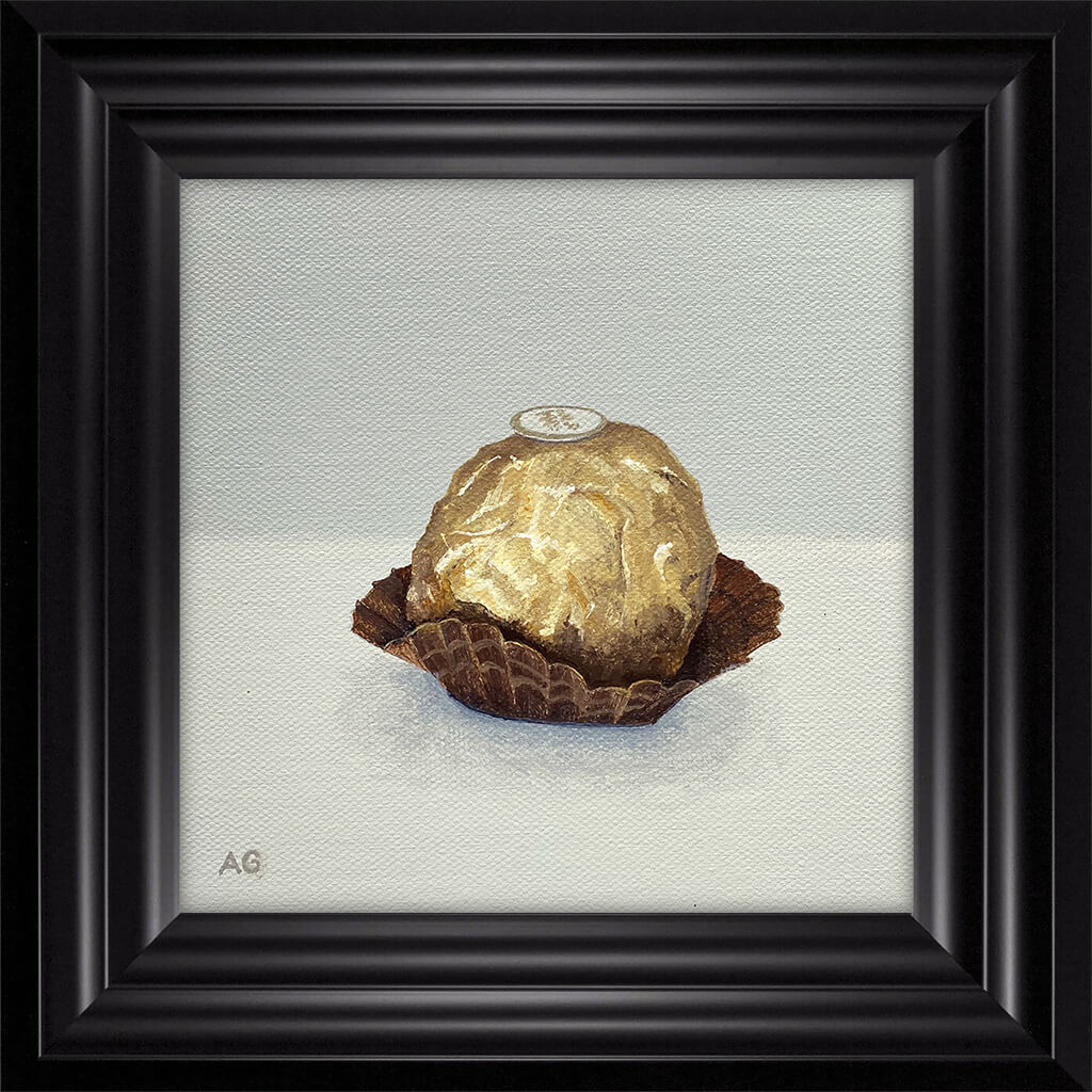 Chocolate in gold foil original painting in black wide frame by Amanda Gosse