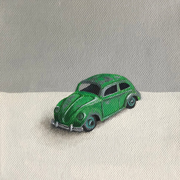 Original Oil Painting of a Green VW Beetle Toy Car by Amanda Gosse
