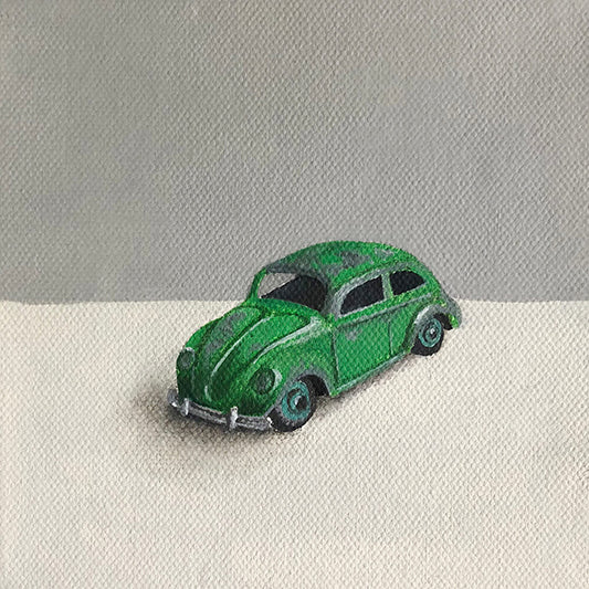 Original Oil Painting of a Green VW Beetle Toy Car by Amanda Gosse
