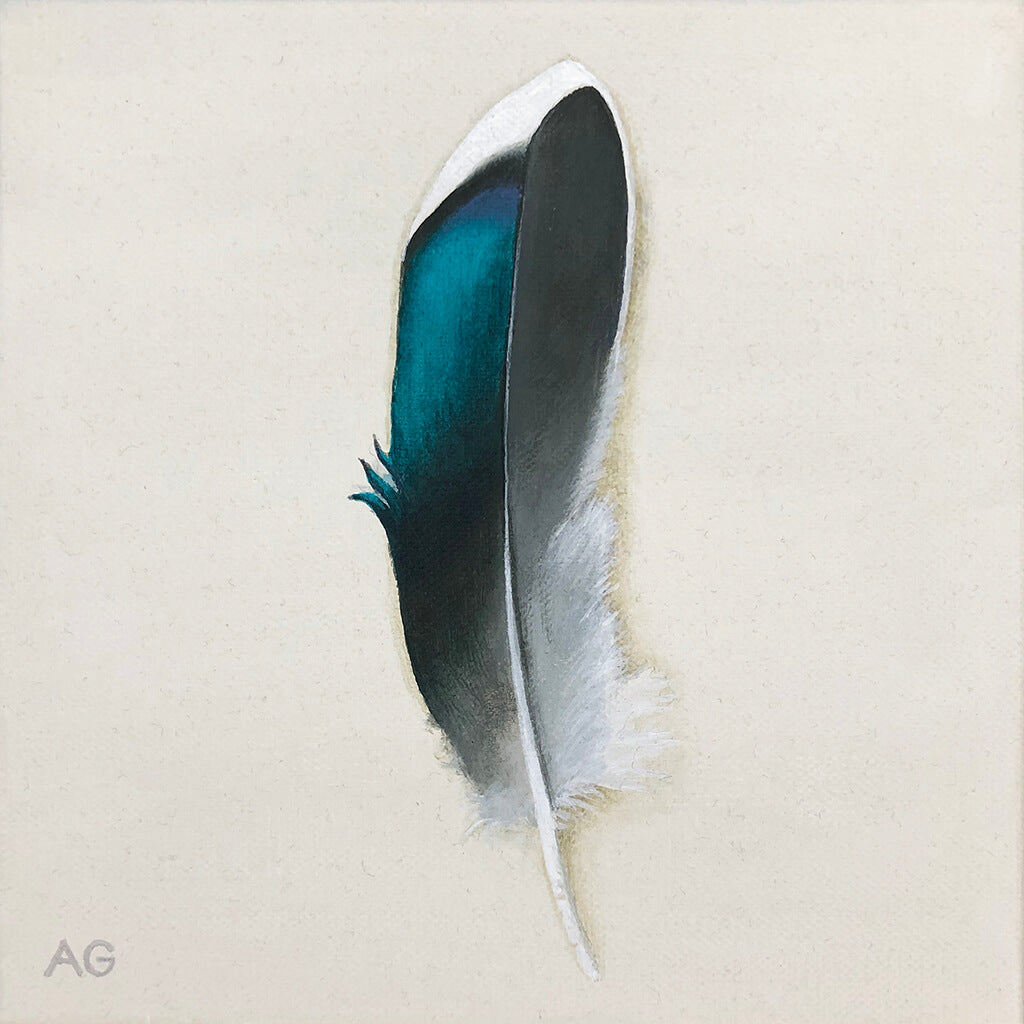 Original acrylic painting of a metallic duck feather by Amanda Gosse