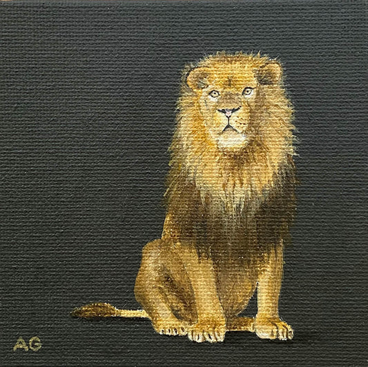 Original miniature painting of a lion acrylic on canvas board by Amanda Gosse