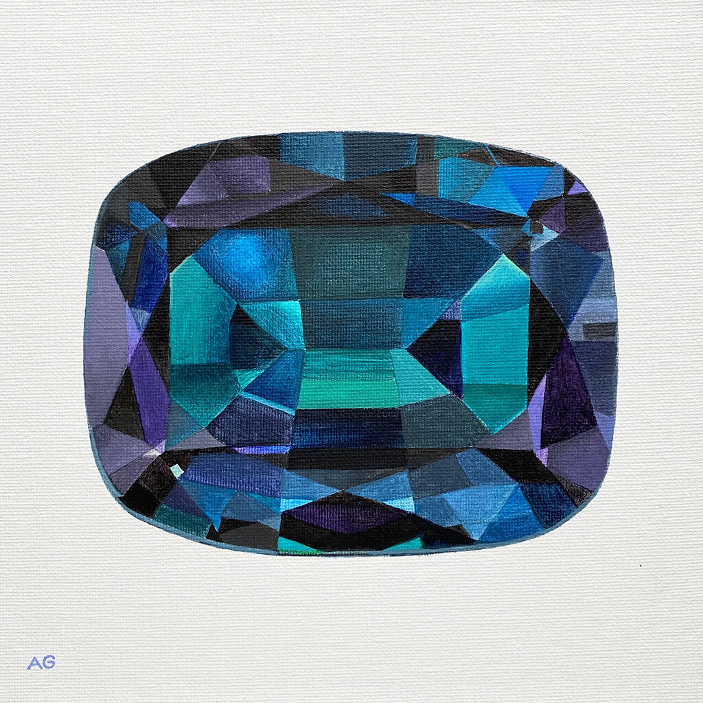 An original painting of an alexandrite jewel by Amanda Gosse. The gemstone is rectangle shape and is blue, green and purple, painted on a soft white background.