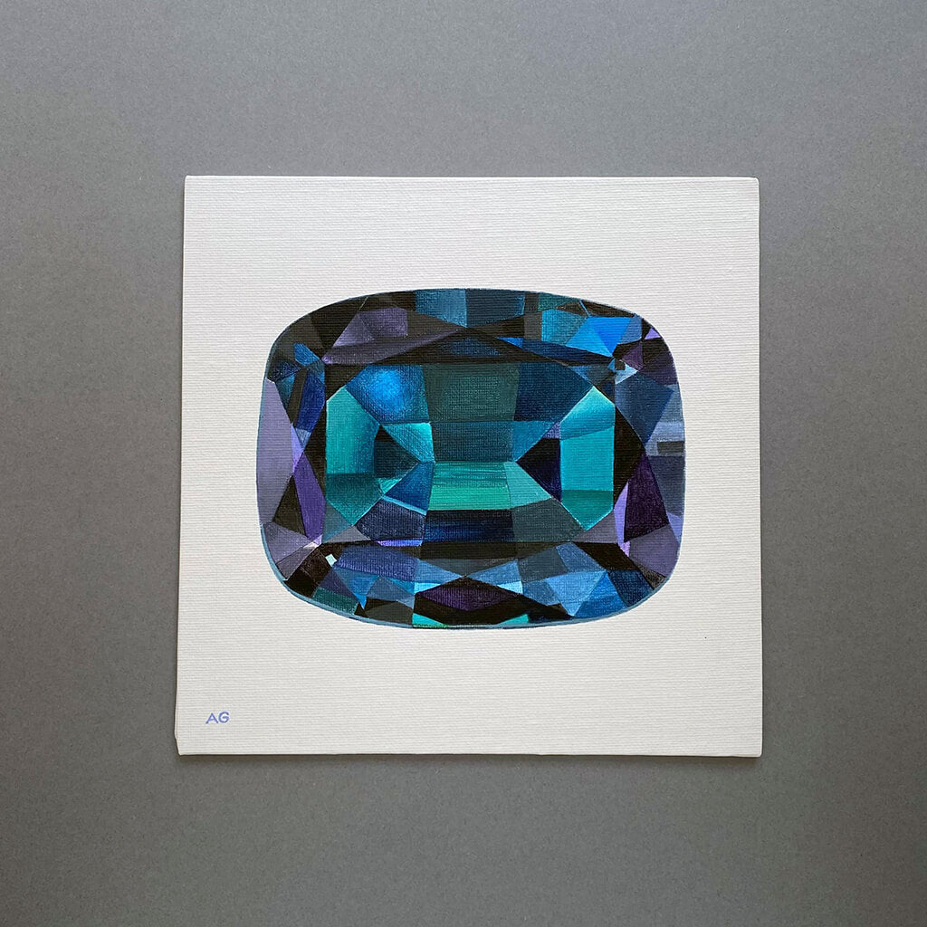 An original artwork of an alexandrite gemstone on a soft white background by Amanda Gosse jewellery artist