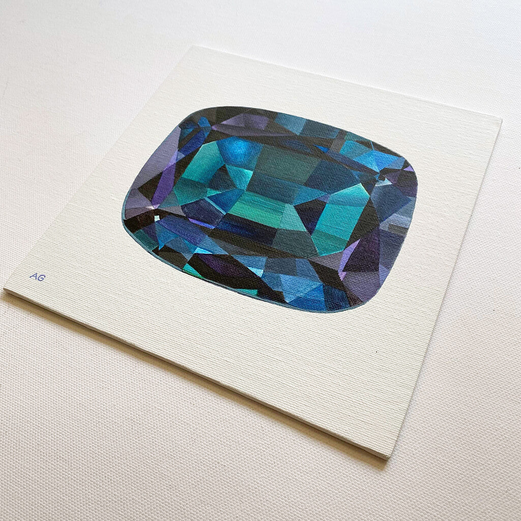 An original painting of an alexandrite gemstone on a soft white background.