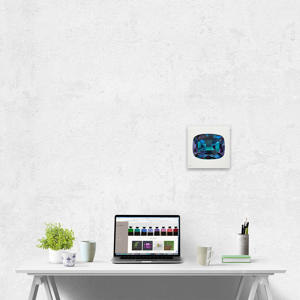 An original painting of an alexandrite gemstone on a soft white background. This image illustrates the artwork size. 