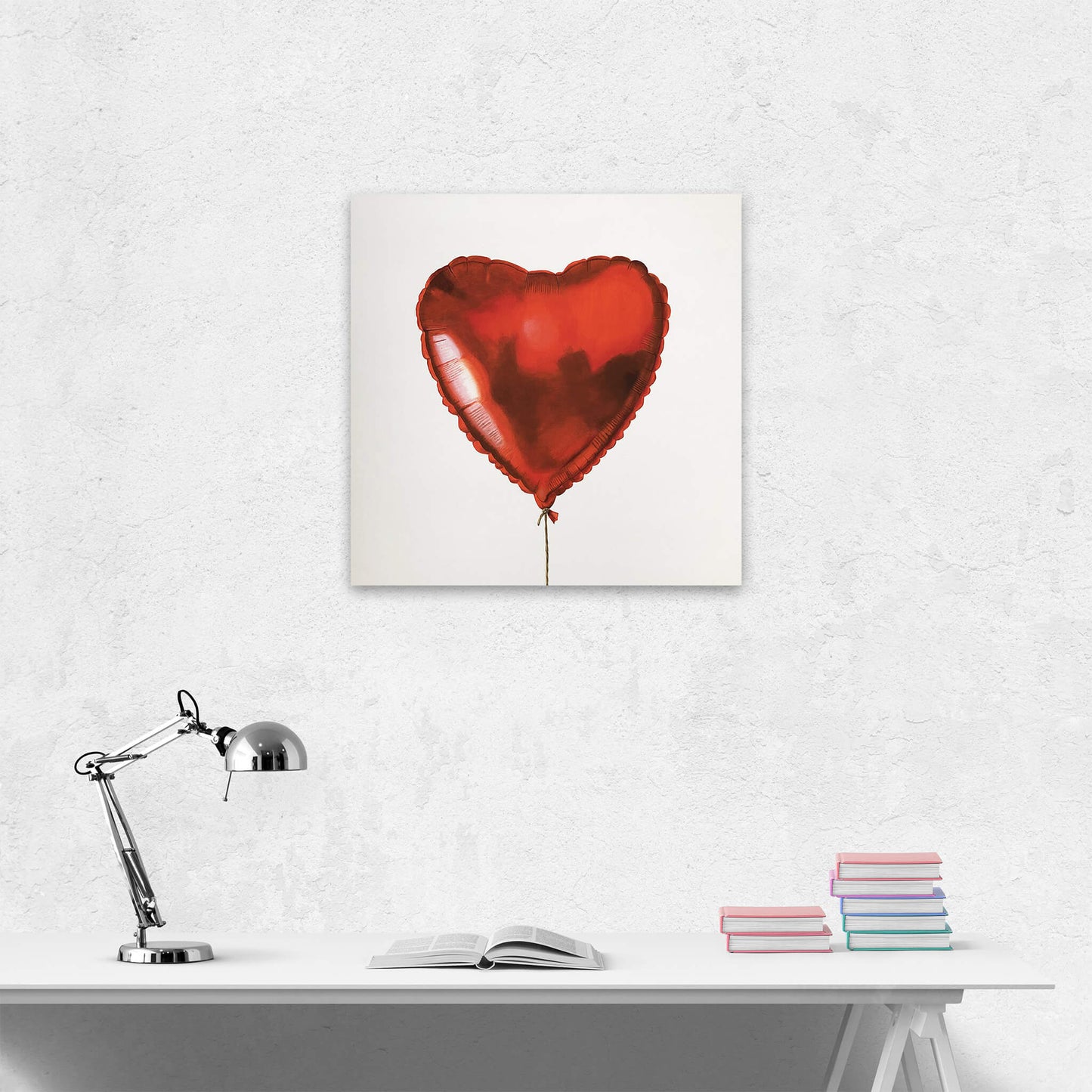 Original painting of a red heart shaped helium balloon by Amanda Gosse