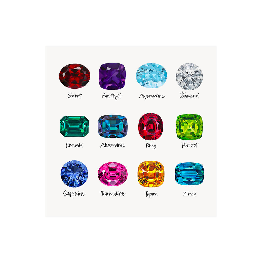 A giclée fine art print of twelve precious gemstones against a pale stone background.