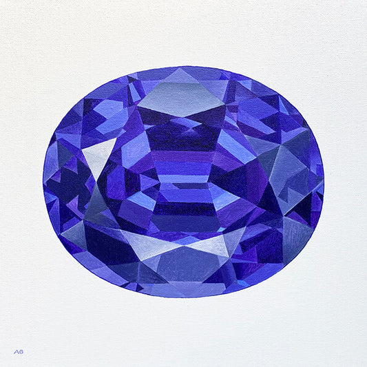 An original acrylic painting of a tanzanite gemstone by Amanda Gosse